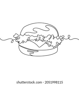 Dibujo continuo de una línea de deliciosa hamburguesa con icono de queso y lechuga en silueta sobre un fondo blanco. Linear estilizado.