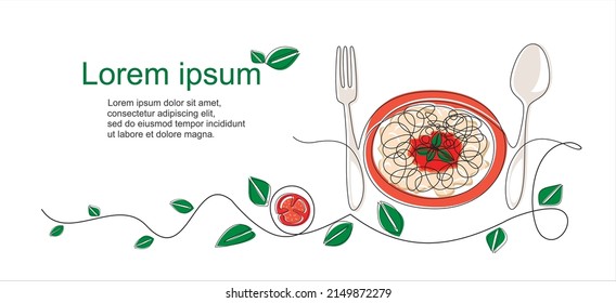 Continuous one line drawing of delicious spaghetti with with tomato sauce and basil. Italy pasta noodle restaurant concept hand draw line art design vector illustration for cafe, shop or food delivery