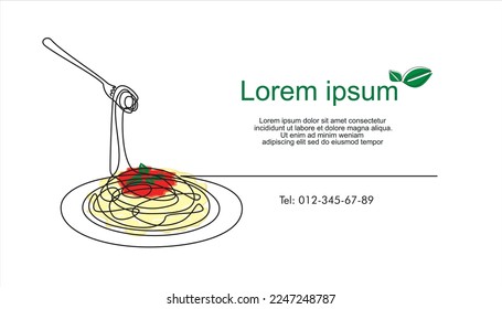 Continuous one line drawing of delicious spaghetti with with tomato sauce and basil. Italy pasta noodle restaurant concept hand draw line art design vector illustration for cafe, shop or food delivery