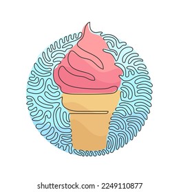 Continuous one line drawing delicious ice creams in crispy waffles cup. Tasty sweet ice-cream tastes. Cold summer desserts. Swirl curl circle background style. Single line draw design vector graphic