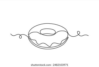 Continuous one line drawing of delicious donut with topping isolated on white background. Food concept vector illustration.