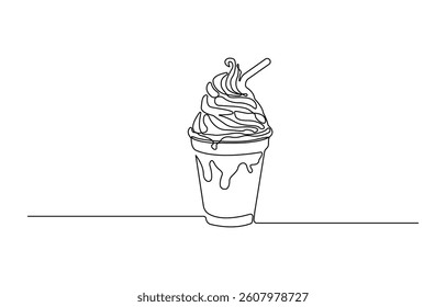 Continuous one line drawing of delicious and cool fresh ice cream cup, minimalist style vector illustration on white background.