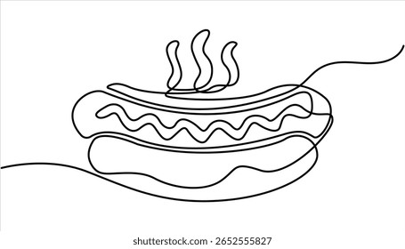Continuous one line drawing of delicious hot dog Minimal style.  One line drawing illustration of American hot dog. Junk food, fast food concept line art. Hot dog continuous line.