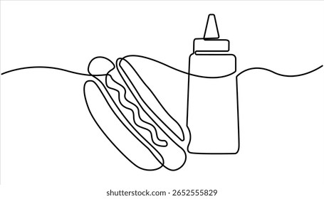Continuous one line drawing of delicious hot dog Minimal style.  One line drawing illustration of American hot dog. Junk food, fast food concept line art. Hot dog continuous line.