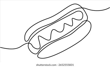 Continuous one line drawing of delicious hot dog Minimal style.  One line drawing illustration of American hot dog. Junk food, fast food concept line art. Hot dog continuous line.