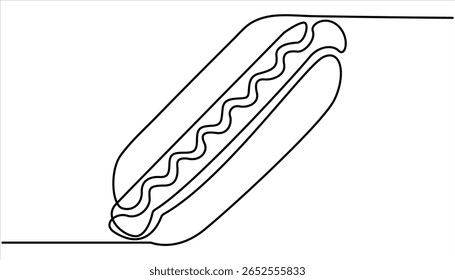 Continuous one line drawing of delicious hot dog Minimal style.  One line drawing illustration of American hot dog. Junk food, fast food concept line art. Hot dog continuous line.