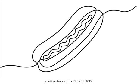 Desenho contínuo de uma linha de cachorro-quente delicioso Estilo mínimo.  Ilustração de desenho de uma linha de cachorro-quente americano. Junk food, fast food conceito line art. Hot dog linha contínua.
