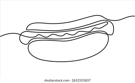 Continuous one line drawing of delicious hot dog Minimal style.  One line drawing illustration of American hot dog. Junk food, fast food concept line art. Hot dog continuous line.