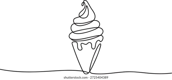 Desenho contínuo de uma linha de um delicioso sorvete de serviço suave em um cone de açúcar com xarope de gotejamento. Design simples e mínimo de um tratamento de sobremesa congelada, comida doce de verão. Elemento gráfico vetorial moderno de estilo de arte de linha única no plano de fundo transparente para logotipo ou decoração.
