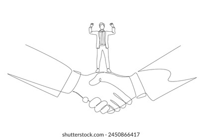 Continuous one line drawing of delighted businessman standing on handshake of two big businessmen, mediator in business negotiation concept, single line art.