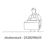 Continuous one line drawing of delivery courier man carries cardboard box package. Transport company, Moving service, Service delivery line art vector illustration. Editable vector.
