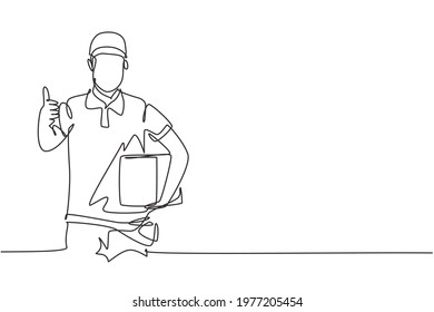 Continuous one line drawing delivery man with a thumbs-up gesture, carrying the package box to be delivered to customers with the best service. Single line draw design vector graphic illustration.