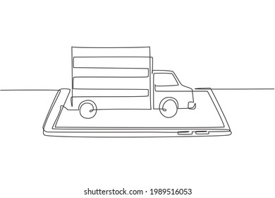 Continuous one line drawing delivery car deliver packages and ride on smartphone screen. Online delivery service. Fast delivery parcel concept. Single line draw design vector graphic illustration