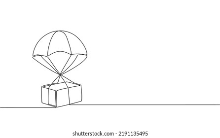 Continuous one line drawing of a delivery with a parachute jumping down from the air. Online shopping concept, fast delivery by parachute carrying box in doodle style. vector illustration