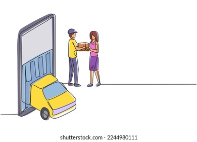 Continuous one line drawing delivery box car comes out partly from giant smartphone screen and male courier gives package box to female customer. Single line draw design vector graphic illustration