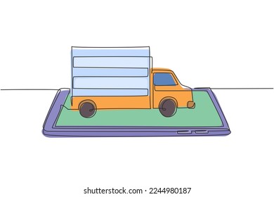 El auto de entrega de dibujo continuo de una línea entrega paquetes y se monta en la pantalla del smartphone. Servicio de entrega en línea. Concepto de paquete de entrega rápida. ilustración vectorial de diseño de línea única