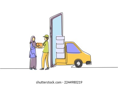 Continuous one line drawing delivery box car comes out partly from laptop screen and male courier gives package box to hijab female customer. Single line draw design vector graphic illustration