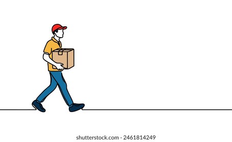 Continuous one line drawing delivery man with parcel box. Drawing of delivery man standing with parcel post.