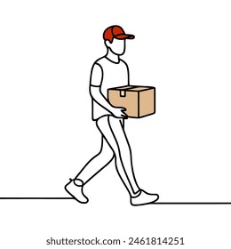 Continuous one line drawing delivery man with parcel box. Drawing of delivery man standing with parcel post.