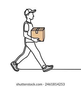 Continuous one line drawing delivery man with parcel box. Drawing of delivery man standing with parcel post.