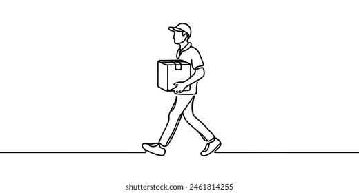 Continuous one line drawing delivery man with parcel box. Drawing of delivery man standing with parcel post.