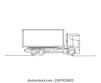 Kontinuierliche einzeilige Zeichnung des Lieferwagens. Einfache Cargo Delivery Truck Linie Kunst Vektorgrafik. Bearbeitbarer Vektor.
