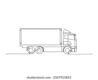 Kontinuierliche einzeilige Zeichnung des Lieferwagens. Einfache Cargo Delivery Truck Linie Kunst Vektorgrafik. Bearbeitbarer Vektor.
