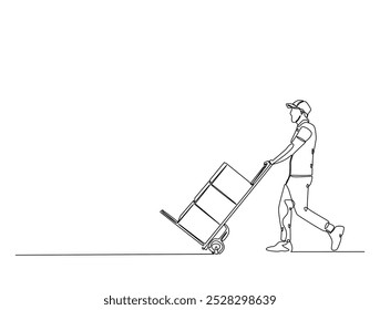 Continuous one line drawing of delivery courier man delivering goods. Transport company, Moving service, Service delivery line art vector illustration. Editable vector.
