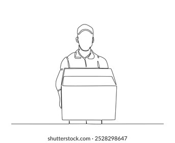 Um desenho contínuo de uma linha de entrega courier homem carrega pacote de caixa de cartão. Empresa de transporte, Serviço de mudança, ilustração vetorial de arte da linha de entrega do serviço. Vetor editável.
