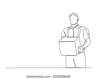 Um desenho contínuo de uma linha de entrega courier homem carrega pacote de caixa de cartão. Empresa de transporte, Serviço de mudança, ilustração vetorial de arte da linha de entrega do serviço. Vetor editável.
