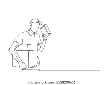 Um desenho contínuo de uma linha de entrega courier homem carrega pacote de caixa de cartão. Empresa de transporte, Serviço de mudança, ilustração vetorial de arte da linha de entrega do serviço. Vetor editável.
