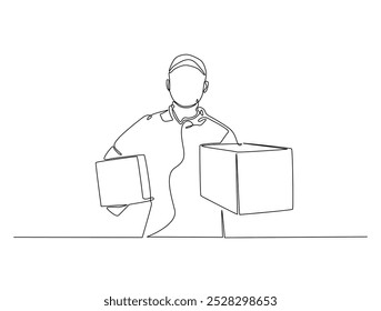 Um desenho contínuo de uma linha de entrega courier homem carrega pacote de caixa de cartão. Empresa de transporte, Serviço de mudança, ilustração vetorial de arte da linha de entrega do serviço. Vetor editável.
