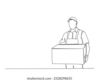 Dibujo continuo de una línea de entrega mensajero hombre lleva paquete de caja de cartón. Empresa de transporte, servicio de mudanza, Ilustración vectorial de arte de línea de entrega de servicios. Vector editable.
