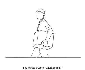 Um desenho contínuo de uma linha de entrega courier homem carrega pacote de caixa de cartão. Empresa de transporte, Serviço de mudança, ilustração vetorial de arte da linha de entrega do serviço. Vetor editável.
