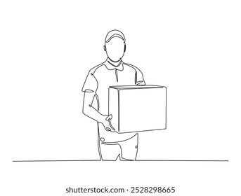 Um desenho contínuo de uma linha de entrega courier homem carrega pacote de caixa de cartão. Empresa de transporte, Serviço de mudança, ilustração vetorial de arte da linha de entrega do serviço. Vetor editável.
