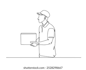 Um desenho contínuo de uma linha de entrega courier homem carrega pacote de caixa de cartão. Empresa de transporte, Serviço de mudança, ilustração vetorial de arte da linha de entrega do serviço. Vetor editável.
