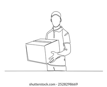 Um desenho contínuo de uma linha de entrega courier homem carrega pacote de caixa de cartão. Empresa de transporte, Serviço de mudança, ilustração vetorial de arte da linha de entrega do serviço. Vetor editável.
