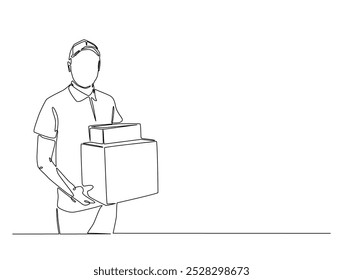 Um desenho contínuo de uma linha de entrega courier homem carrega pacote de caixa de cartão. Empresa de transporte, Serviço de mudança, ilustração vetorial de arte da linha de entrega do serviço. Vetor editável.
