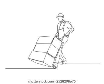 Continuous one line drawing of delivery courier man delivering goods. Transport company, Moving service, Service delivery line art vector illustration. Editable vector.
