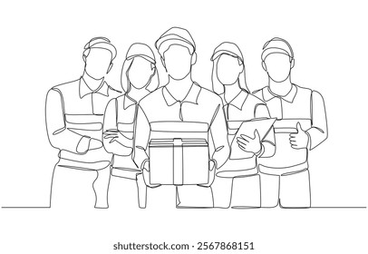 Continuous one line drawing of delivery service staffs standing in confident pose, shipping company, logistics business concept, single line art