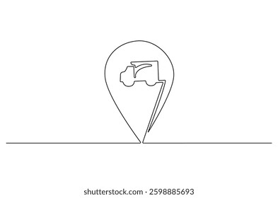 Continuous one line drawing of Delivery truck with location. Single line drawing illustration of Delivery truck route. Transportation of logistics concept vector art. Doodle line illustration. 