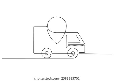 Continuous one line drawing of Delivery truck with location. Single line drawing illustration of Delivery truck route. Transportation of logistics concept vector art. Doodle line illustration. 