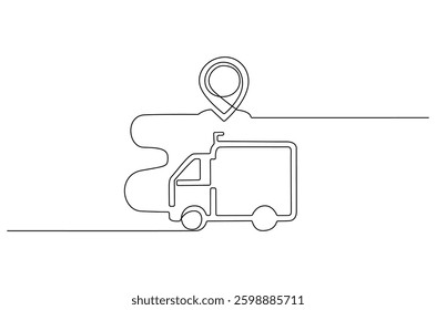 Continuous one line drawing of Delivery truck with location. Single line drawing illustration of Delivery truck route. Transportation of logistics concept vector art. Doodle line illustration. 