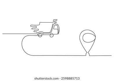 Continuous one line drawing of Delivery truck with location. Single line drawing illustration of Delivery truck route. Transportation of logistics concept vector art. Doodle line illustration. 