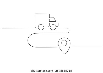 Continuous one line drawing of Delivery truck with location. Single line drawing illustration of Delivery truck route. Transportation of logistics concept vector art. Doodle line illustration. 