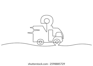 Continuous one line drawing of Delivery truck with location. Single line drawing illustration of Delivery truck route. Transportation of logistics concept vector art. Doodle line illustration. 