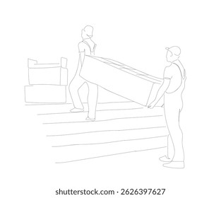 Um desenho contínuo de uma linha do correio de entrega dois homens carrega prateleira da biblioteca. Empresa de transporte, Serviço de mudança, ilustração vetorial de arte da linha de entrega do serviço. Vetor feito à mão não Al.