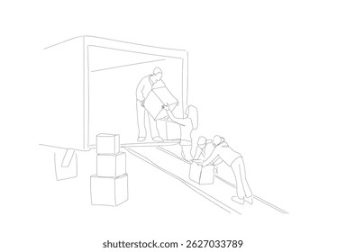 Continuous one line drawing of delivery courier two people carries box. Moving service, Transport company,  Service delivery line art vector illustration.  Hand made vector not Al.