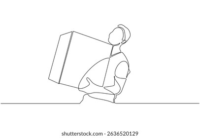 Um desenho de linha contínuo de entrega courier homem carrega pacote de caixa de papelão, Uma linha entrega trabalhador pessoas vetor ilustração.