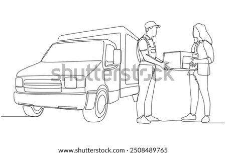 Continuous one line drawing of delivery man standing beside pickup delivery truck handing parcel box to customer, delivery service concept, single line art.
